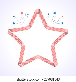 Ribbon star frame. 4th july Independence Day background with fireworks. Vector illustration