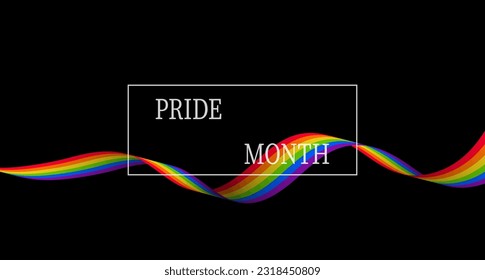 Ribbon style rainbow flag with Pride Month lettering on black background.