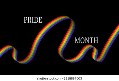 Ribbon style rainbow flag with Pride Month lettering on black background.