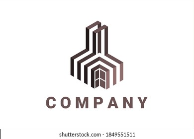 Ribbon style vector logo for real estate,  building construction and general business with line and arrow elements forming a home and skyscraper illustration.