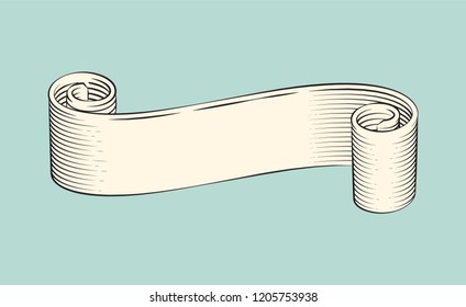 Ribbon swirl colorless banner with scrolled ends. Monochrome sketch outline of stripe drawn with pencil. Closeup of grey band for text sample vector