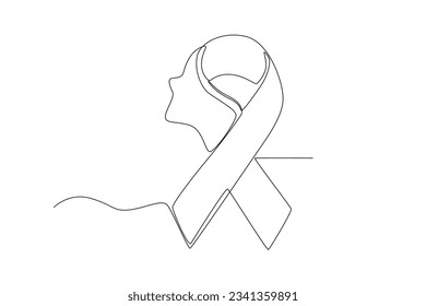 A ribbon symbolizes breast cancer awareness. Breast cancer awareness month one-line drawing