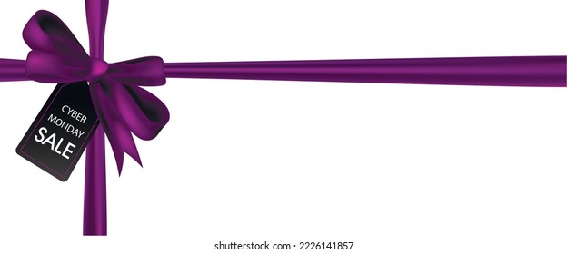 Ribbon and tag with text CYBER MONDAY SALE on white background