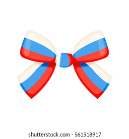 Ribbon tape bow Russian flag isolated on white background. Tricolor bow icon in flat style. Design element for 23 February, 9 May, Victory day. Vector illustration
