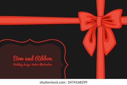 Ribbon tape gift card design template. Banner with cartoon red silk bow ribbon. Luxury premium invitation, anniversary greeting or discount gift certificate background decor knot. Vector illustration