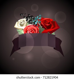 Ribbon for text and flower bouquet consisting of roses, decorative branches in low poly style. Vector illustration. Dark background with sparkles