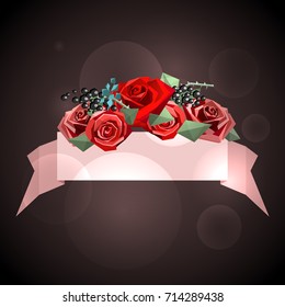Ribbon for text and flower bouquet consisting of roses, decorative branches in low poly style. Vector illustration. Dark background with sparkles