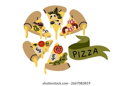 Ribbon with the text PIZZA, five triangular slices of pizza in a semicircle. Stretching cheese. Various toppings. Green. Flat color illustration with doodle lines. Marketing of an Italian pizzeria