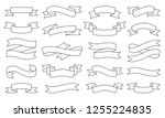 Ribbon thin line icon set. Outline sign kit of text banner. Decorative Tape linear icons of vintage flag, graphic sale badge. Simple ribbon black contour symbol isolated on white. Vector Illustration