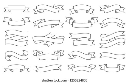 Ribbon thin line icon set  Outline sign kit text banner  Decorative Tape linear icons vintage flag  graphic sale badge  Simple ribbon black contour symbol isolated white  Vector Illustration