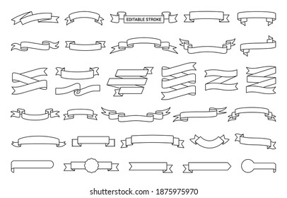 Ribbon thin line icon set. Outline sign kit of text banner. Decorative Tape linear icons of vintage flag, graphic sale badge. Simple ribbon black contour symbol isolated on white