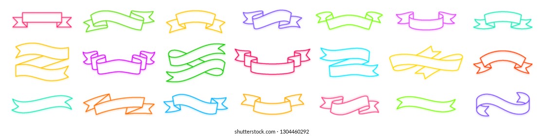 Ribbon thin line set. Color outline sign text banner kit. Decorative Tape linear icon collection frame, template, creative blank. Advertising poster simple contour symbol with shadow isolated on white