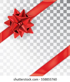 Ribbon tied at the corners. Realistic bow red satin isolated on a transparent background.  Mock-up to create gift cards and packages. Place for an inscription. Vector illustration, EPS10