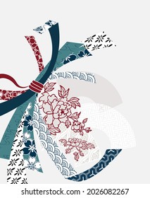 ribbon traditional geometric card kimono pattern vector sketch illustration line art japanese chinese oriental
