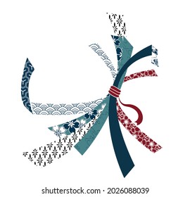 ribbon traditional geometric card kimono pattern vector sketch illustration line art japanese chinese oriental