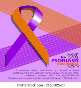 Ribbon with two colors combined between orange and purple symbol to celebrate Psoriasis Awareness Month with bold text an sentences on purple background, Psoriasis Awareness Month August