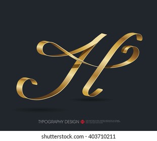 ribbon typography font logo type with Glossy gold decorative silk H letter