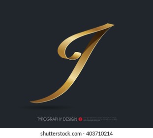 ribbon typography font logo type with Glossy gold decorative silk I letter