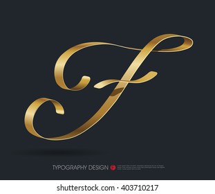 ribbon typography font logo type with Glossy gold decorative silk F letter