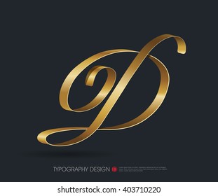 ribbon typography font logo type with Glossy gold decorative silk D letter