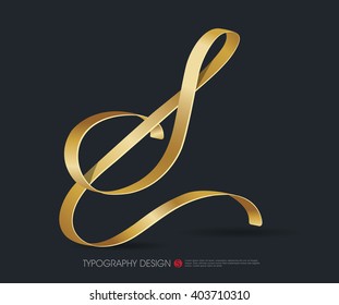 ribbon typography font logo type with Glossy gold decorative silk S letter