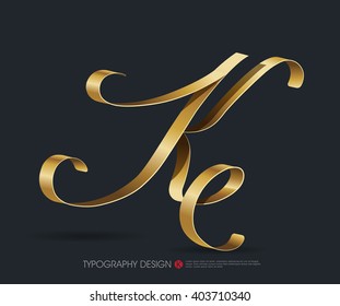 ribbon typography font logo type with Glossy gold decorative silk K letter