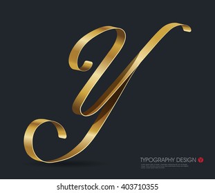 ribbon typography font logo type with Glossy gold decorative silk Y letter