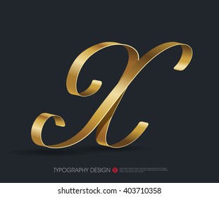 ribbon typography font logo type with Glossy gold decorative silk X letter