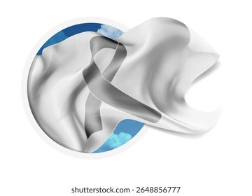 Ribbon, vector 3d flag against a blue sky, through a round hole on a white background