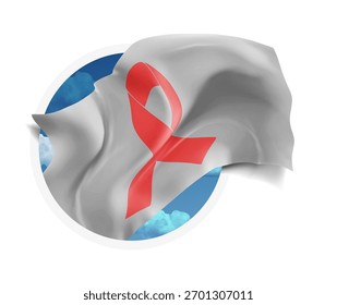 Fita, vetor 3d bandeira contra um céu azul, através de um buraco redondo em um fundo branco