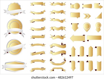 Ribbon vector icon gold color on white background. Banner isolated shapes illustration of gift and accessory. Christmas sticker and decoration for app and web. Label, badge and borders collection.