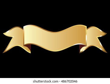 Ribbon vector icon gold color on black background. Banner isolated shapes illustration of gift and accessory. Christmas sticker and decoration for app and web. Label, badge and borders collection.