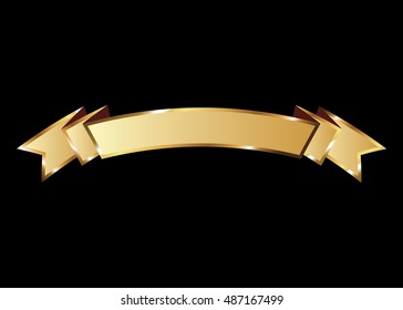 Ribbon vector icon gold color on black background. Banner isolated shapes illustration of gift and accessory. Christmas sticker and decoration for app and web. Label, badge and borders collection.