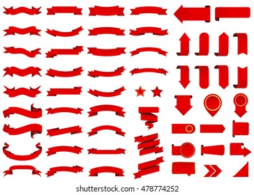 Ribbon Vector Icon Red Color On White Background. Banner Isolated Shapes Illustration Of Gift And Accessory. Christmas Sticker And Decoration For App And Web. Label, Badge And Borders Collection.