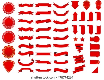 Ribbon vector icon red color on white background. Banner isolated shapes illustration of gift and accessory. Christmas sticker and decoration for app and web. Label, badge and borders collection.
