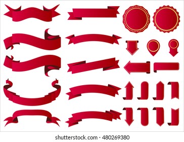 Ribbon vector icon red color on white background. Banner isolated shapes illustration of gift and accessory. Christmas sticker and decoration for app and web. Label, badge and borders collection.