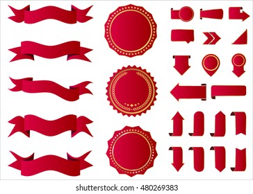 Ribbon vector icon red color on white background. Banner isolated shapes illustration of gift and accessory. Christmas sticker and decoration for app and web. Label, badge and borders collection.