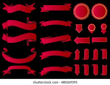 Ribbon vector icon red color on black background. Banner isolated shapes illustration of gift and accessory. Christmas sticker and decoration for app and web. Label, badge and borders collection.