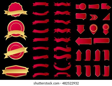 Ribbon vector icon red color on black background. Banner isolated shapes illustration of gift and accessory. Christmas sticker and decoration for app and web. Label, badge and borders collection.