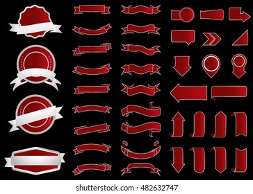 Ribbon vector icon red color on black background. Banner isolated shapes illustration of gift and accessory. Christmas sticker and decoration for app and web. Label, badge and borders collection.