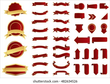 Ribbon vector icon red color on white background. Banner isolated shapes illustration of gift and accessory. Christmas sticker and decoration for app and web. Label, badge and borders collection.