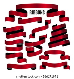 Ribbon vector icon red color on white background. Banner isolated shapes illustration of gift and accessory. Christmas sticker and decoration for app and web. Label, badge and borders collection.