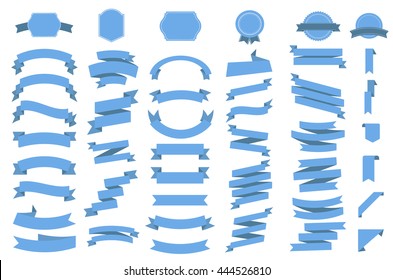 Ribbon vector icon set blue color on white background. Banner isolated shapes illustration of gift and accessory. Christmas sticker and decoration for app and web. Label, badge and borders collection.