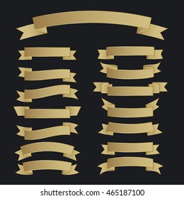 Ribbon vector icon set gold color on black background. Banner isolated shapes illustration of gift and accessory. Christmas sticker and decoration for app and web. 
