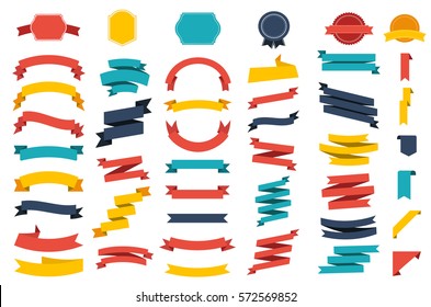 Ribbon vector icon set on white background. Banner isolated shapes illustration of gift and accessory. Christmas sticker and decoration for app and web. Label, badge and borders collection.