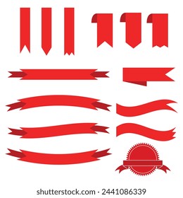 Ribbon vector icon set red color on white background. Ribbon banner set. Ribbons collection. Ribbons and Ribbon icons. modern simple ribbons collection Vector illustration Christmas sticker decoration