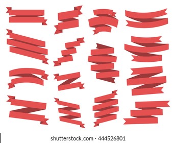 Ribbon vector icon set red color on white background. Banner isolated shapes illustration of gift and accessory. Christmas sticker and decoration for app and web. Label, badge and borders collection.