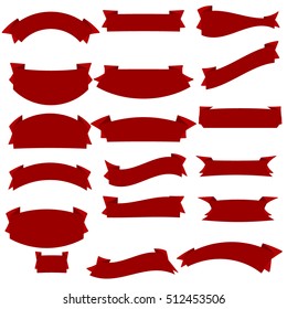 Ribbon vector icon set red color on white background. Banner isolated shapes illustration of gift and accessory. Christmas sticker and decoration for app and web. Label, badge and borders collection.