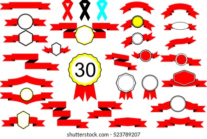 Ribbon vector icon set red color on white background.Set of 30 ribbons