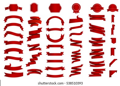 Ribbon vector icon set red color on white background. Banner isolated shapes illustration of gift and accessory. Christmas sticker and decoration for app and web. Label, badge and borders collection.